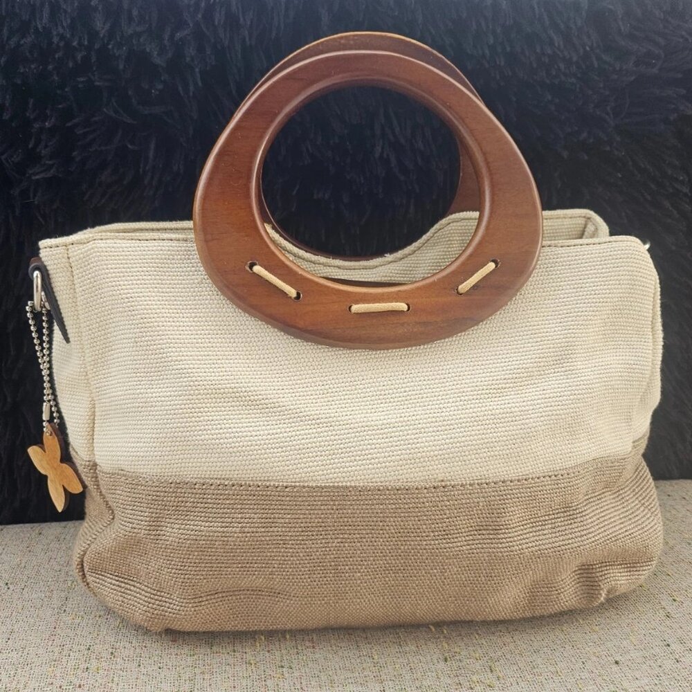 Vintage Relic Ladies Handbag Purse Real Wood Handle Tan Canvas Shoulder Bag